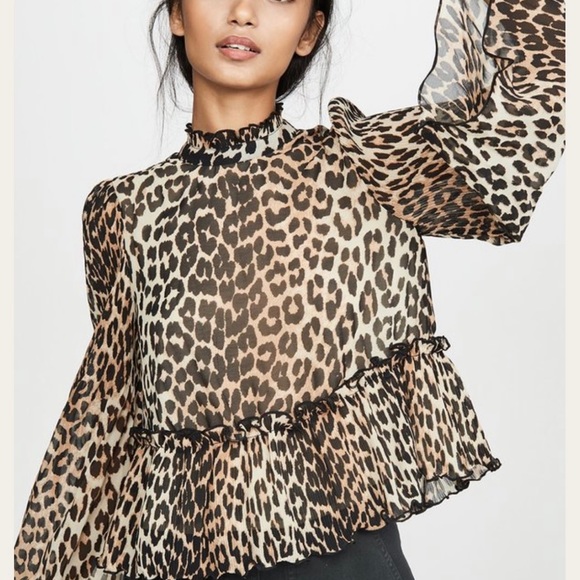 Ganni pleated Georgette leopard blouse - Picture 1 of 5